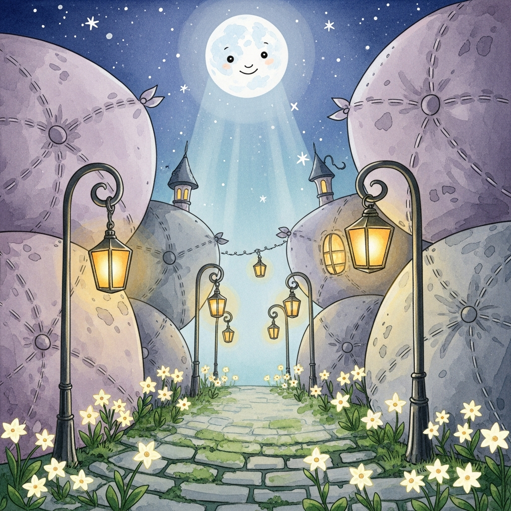 AI_IMAGE: A cozy storybook illustration of a quiet moonlit alley between plush, pillow-shaped buildings, with warm amber lanterns and tiny star-shaped flowers growing along the path. Soft muted lavender tones, warm glow, hand-painted watercolor texture, magical realism style | illustration | square