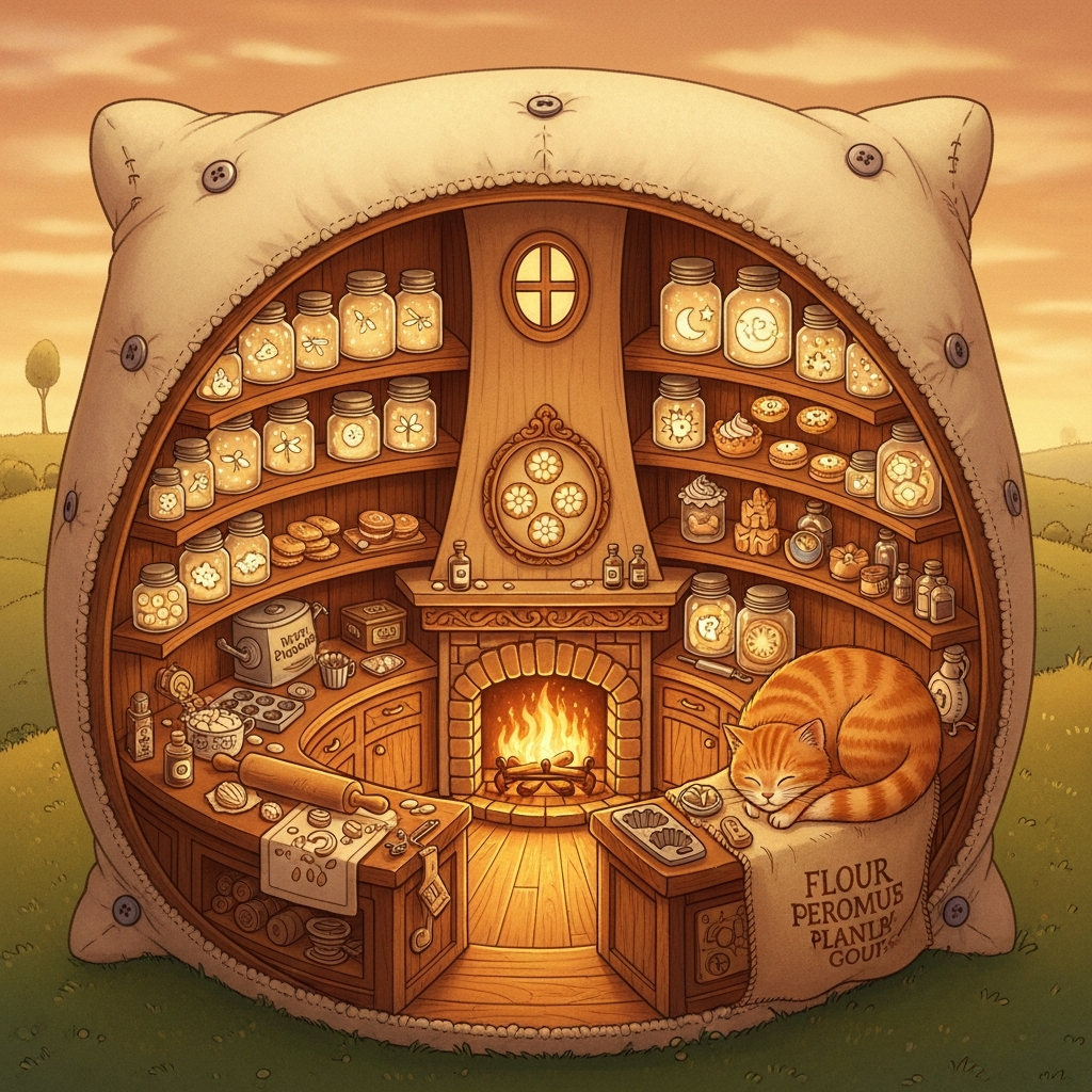 AI_IMAGE: A charming storybook illustration of a tiny bakery-pantry inside a fluffy pillow-shaped building, with shelves of glowing jars, a warm fireplace, and a cat napping on a flour sack. Amber and cream tones, soft warm lighting, magical realism, detailed illustration style | illustration | square